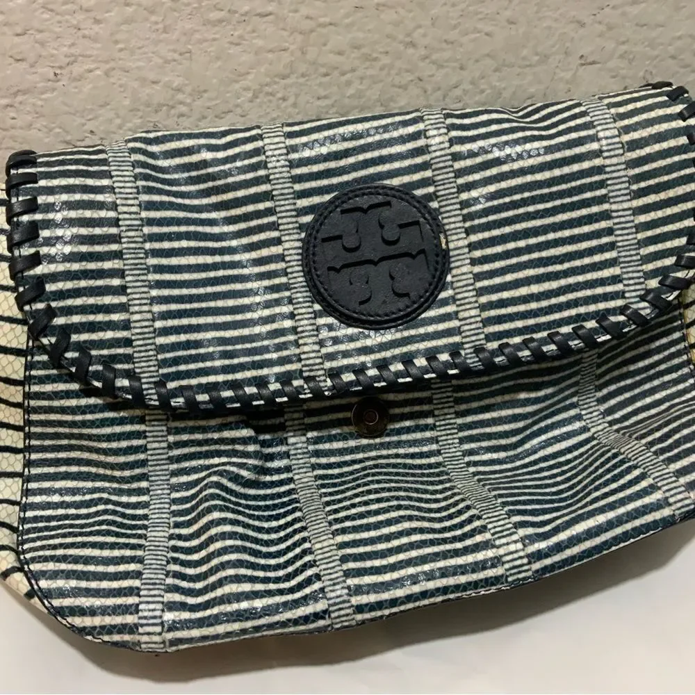TORY BURCH MARION PATCHWORK SADDLEBAG Blue white liknew - Picture 15 of 16